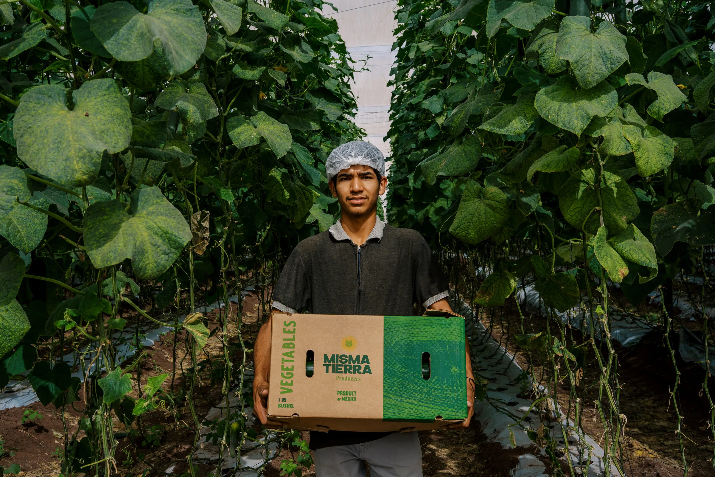 Productor con una caja Misma Tierra en el campo